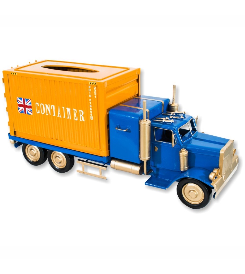 Caminhão de contêiner transportador de tissue azul e laranja