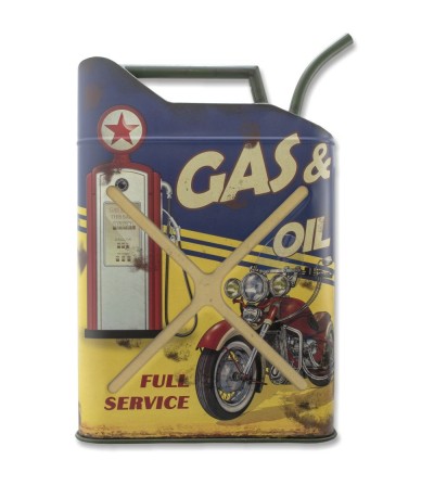 Placa decorativa en metal garrafa de gasolina vintage.