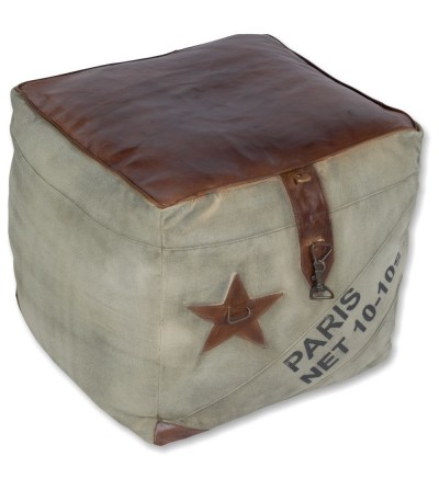Vintage leather and canvas pouf