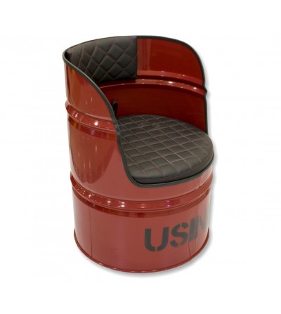 Red upholstered metal canister armchair