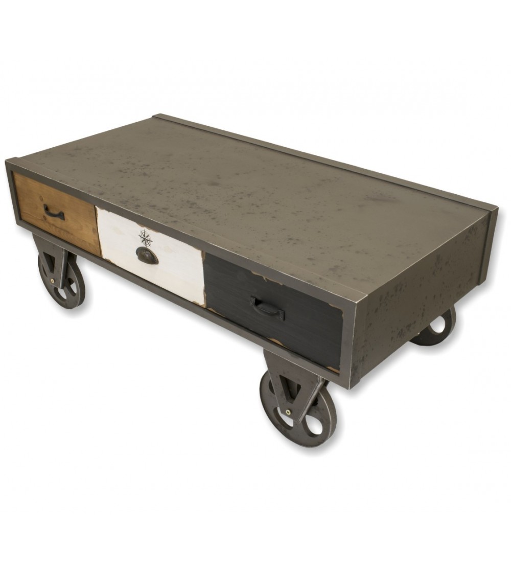 Industrial style coffee table on casters
